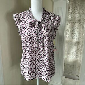 CeCe Pink Flutter Sleeve Floral Ruffle Blouse with ribbon tie front